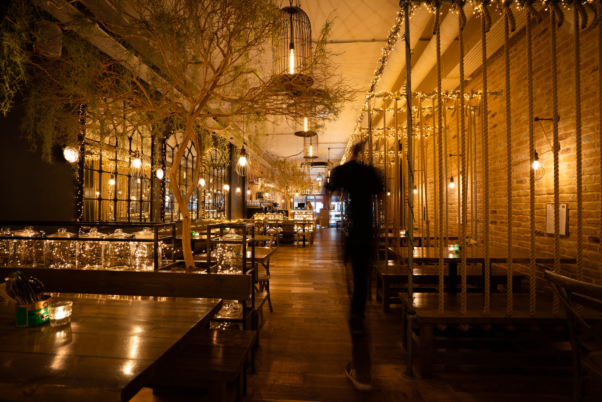 Inside Mowgli Cardiff with fairy lights and rope swings